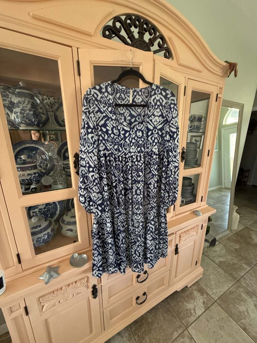Lola Australia Blue and White Ikat Print Tiered Mini Dress with Tassel Ties